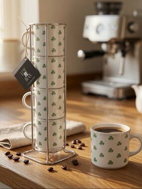 NWT Leaf & Bean Boston Warehouse 4oz Shamrock Stacking Espresso Coffee Mugs